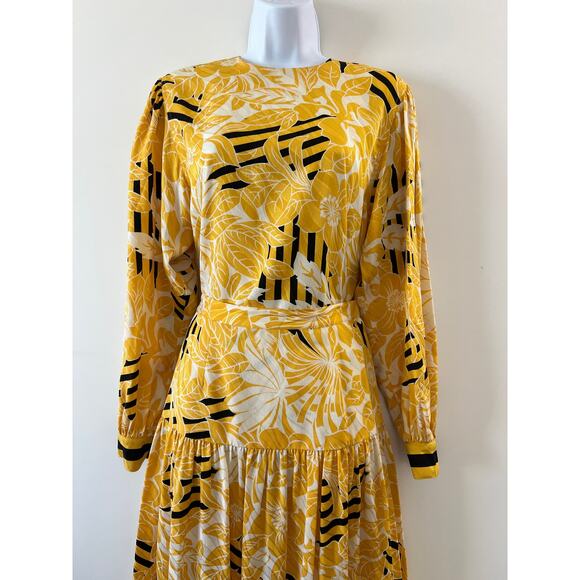 Vintage Julie Frances Yellow Abstract Silk Midi Skirt Long Sleeve Top Set Size 6 - Picture 2 of 16